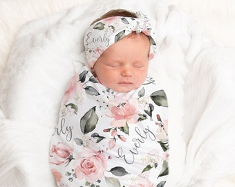 Soft Floral Rose Swaddle Blanket Headband Hat Set, Matching Nursery Bedding, Personalized Baby Shower Gift, Hospital Newborn Photos, Rosie