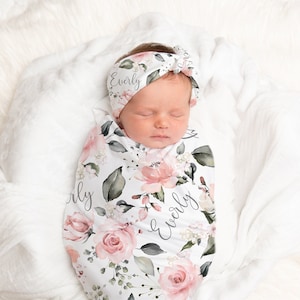 Soft Floral Rose Swaddle Blanket Headband Hat Set, Matching Nursery Bedding, Personalized Baby Shower Gift, Hospital Newborn Photos, Rosie