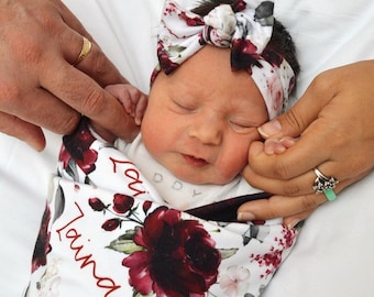 Red Pink Rose Swaddle Blanket Headband Hat Set / Personalized Baby Shower Gift / Hospital Newborn Photos / Rosie Collection