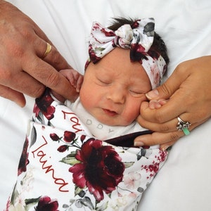 Red Pink Rose Swaddle Blanket Headband Hat Set / Personalized Baby Shower Gift / Hospital Newborn Photos / Rosie Collection