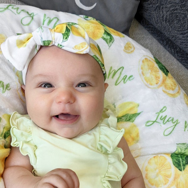 Yellow Lemon Blanket, Personalized Girls Baby Shower Gift, Hospital Newborn Photos, Lulu Toddler Kid Soft Cuddly Minky Summer Fruit Lime