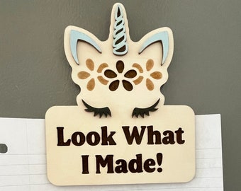 Personalized Unicorn Look What I Made Magnet, Add Your Childs Name, Kid Refrigerator Art, Artwork Display, 3D Wood