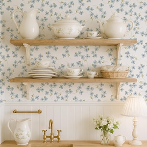 Blue Ditsy Floral Wallpaper Peel and Stick, Cottagecore Wall Mural for Nursery or Kitchen, Vintage Removable Wall Art