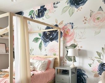 Navy Pink Wallpaper, Peach Blue Rose Floral, Peel and Stick Removable, Baby Girl Nursery Decor Playroom, Large Print Bedroom Mural Midnight