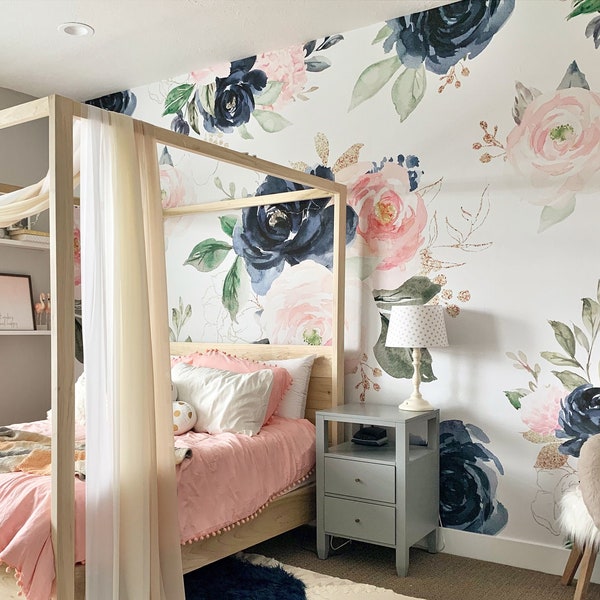 Navy Pink Wallpaper, Peach Blue Rose Floral, Peel and Stick Removable, Baby Girl Nursery Decor Playroom, Large Print Bedroom Mural Midnight