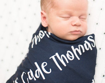 Personalized Baby Swaddle Blanket Set / Newborn Beanie Knotted Hat / Baby Shower Gift / Custom Print Name