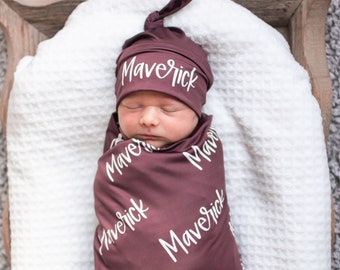 Personalized Baby Swaddle Blanket Set / Newborn Beanie Knotted Hat / Baby Shower Gift / Custom Print Name / Personalized