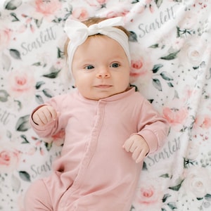 Sherpa or Minky Backing Soft Floral Rose Blanket, Personalized Baby Shower Gift, Hospital Newborn Photos Prop, Rosie II Collection