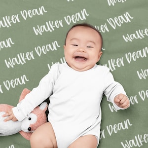 Baby Name Blanket Boy, Sage Green Blanket with Name, Personalized Baby Boy Blanket, New Baby Gift, Sibling Blankets image 1