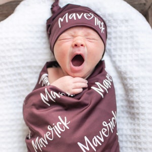 Personalized Baby Name Blanket, Swaddle Set with Hat, Girl Boy Twin New Mom Baby Shower Gift, Personalized Boy Swaddle Maroon