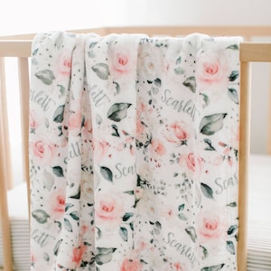 Monogrammed Personalized Baby Girl Blanket Baby Shower Gift Customized Pink Floral Rose Coming Home Outfit Introducing Name Reveal Custom