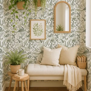 Green Fern Botanical Wallpaper Peel and Stick, Cottagecore Wall Mural for Bedroom or Nursery, Pressed Leaf Removable Art
