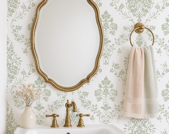 Fern Green Damask Wallpaper: Victorian Peel and Stick or Traditional Wall Mural; Grandmillennial Cottagecore Decor, Ornate Vintage Victorian