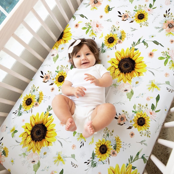 Baby Bedding / Sunflower Crib Sheet / Sunflower Nursery / Pink Rose Daisy Peach / Changing Pad Cover / Mini Crib Sheet Option / Sunny