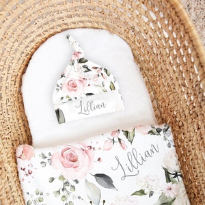 Soft Floral Rose Blanket Personalized Baby Shower Gift Hospital Newborn Photos Prop Rosie II Flower Gifts Monogram Custom Hat Headband Minky