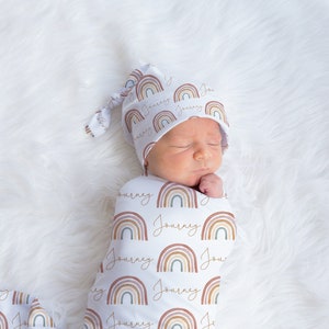 Rainbow Baby Swaddle, Earthy Neutral Colors, Infant Newborn Blanket, Beanie, Knotted Hat, Shower Gift, Boho Hipster, First Photos Prop