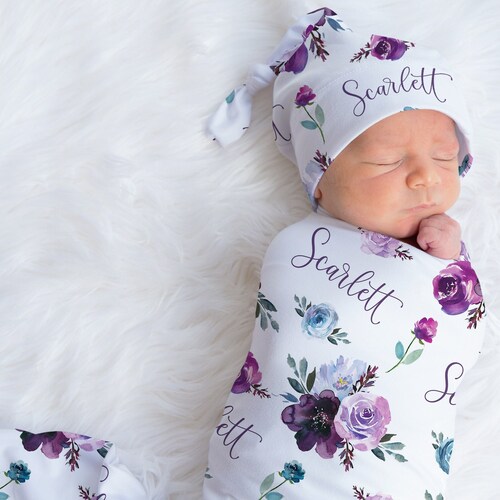 Pink Rose Swaddle Blanket Headband Hat Set / Personalized Baby Etsy