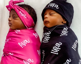 Personalized Baby Swaddle Blanket Set / Newborn Beanie Knotted Hat / Baby Shower Gift / Custom Print Name