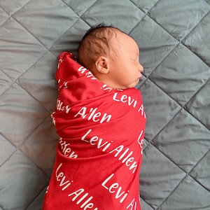 Baby Boy Swaddle, Personalized Name Blanket, Red or Other Colors, Knot Hat, Newborn Infant Wrap, Baby Shower Gift, Choose Your Colors & Font
