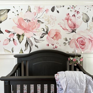 Pink Peach Rose Floral Wallpaper, Peel and Stick Removable Renters Temporary, Baby Girl Nursery Design, Large Print Mural Rosie || Playroom