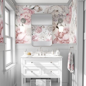 Pink Cream Peony Floral Wallpaper, Peonies Flower Garden, Peel and Stick Removable, Prepasted Traditional Nursery Large Mural Custom Sizes
