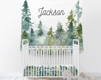 Personalized Nursery Tapestry / Wall Mural Large Scale Art / Baby Boy Nursery Decor / Woodland Collection / Country / Watercolor