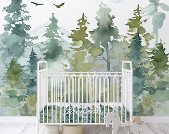 Woodland Forest Mountain Wallpaper, Peel Stick or Traditional, Boy Nursery Mural Large Scale, Country Woods Watercolor Forest Wall Art Play