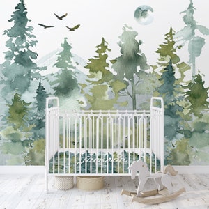 Woodland Forest Mountain Wallpaper, Peel Stick or Traditional, Boy Nursery Mural Large Scale, Country Woods Watercolor Forest Wall Art Play