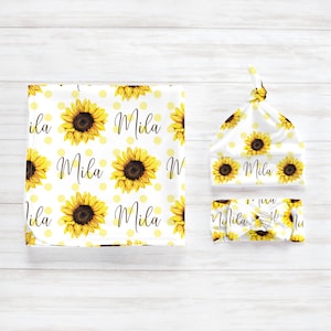 Sunflower Baby Girl Blanket, Personalized Newborn Swaddle New Mom Shower Gift, Monogrammed Customized Hospital Blanket Yellow Dot Sun Flower