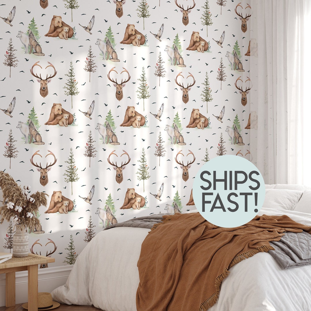 MKDER-Watercolor Tree Wallpaper Peel And Stick Forest Mural Woodland Animals Camping Wallcovering Self Wallpaper Contact Paper Wall Decals Bedroom Nurser - View #10