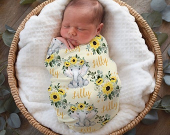 Boho Floral Elephant Sunflower Swaddle Blanket, Headband, Hat, Personalized Baby Girl Shower Gift, Newborn Infant Hospital Photo