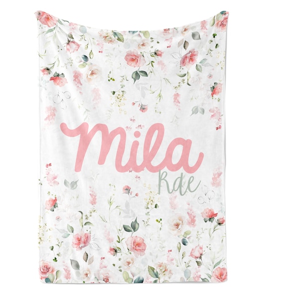 Pink Floral Two Names Personalized Blanket / Two Fonts & Colors / Minky Blanket / Sherpa Blanket / Baby Teen Tween Adult Blanket / Girl Gift