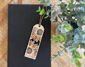 Wood Sunflower Engraved Bookmark with Leather Tassle, Custom Bookmark, Personalize on Back, Gift for Bookworm Book Lover, Reader