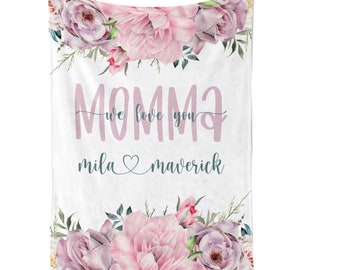 Personalized Mom Blanket / Pink Purple Peonies / Kids Names / Mommy Mother Blanket / Grandma Gift / Gift From Kids / Mothers Day Gift