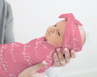 Personalized Baby Swaddle Blanket , Newborn Headband Set, Baby Shower Gift, New Mom Expecting Present, Custom Print Name Choose Colors Font