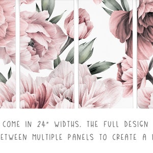 May include: Four-panel floral art print featuring large, watercolor-style pink peonies and green leaves against a white background. The text at the bottom states that the panels are 61 cm wide and the design will be stretched across multiple panels.