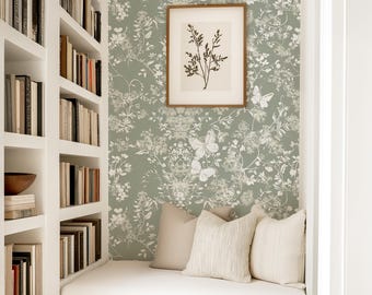 Delicate Flower Vine with Butterflies Wallpaper, Sage Green Vintage Toile, Pressed Floral Garden, Wildflower Coquette Grandmillennial Chic
