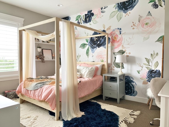 Navy Pink Wallpaper Peach Blue Rose Floral Peel and Stick Removable Baby Girl Nursery Decor Playroom Large Print Bedroom Mural Midnight Etsy