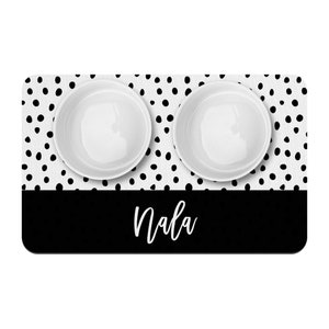 Black Dots Personalized Dog Bowl Mat, Custom Pet Placemat, New Puppy Supplies, Black and White