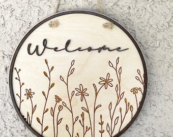 Pretty Wildflower Front Door Welcome Sign, Engraved Flowers with 2nd Layer, Floral Wood Hanging Porch Front Door Sign