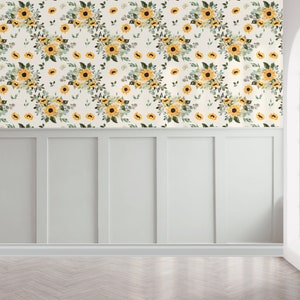 Sunflower Spring Bright Pastel Wallpaper, Autumn Fall Yellow, Peel Stick Removable, Baby Girl Nursery Decor Boho Vintage Neutral Large Mural image 3