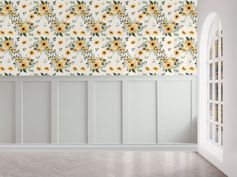 Sunflower Spring Bright Pastel Wallpaper, Autumn Fall Yellow, Peel Stick Removable, Baby Girl Nursery Decor Boho Vintage Neutral Large Mural image 3