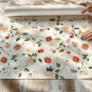 Strawberry Floral Vines Wallpaper, Peel Stick Removable Bedroom Nursery, Dainty Granny Chic Grandmillennial Coquette Cottage, Strawberries
