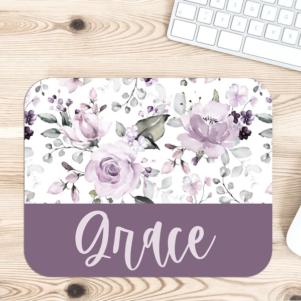 Personalized Purple Rose Desk Accessories, Mouse Pad, Desk Mat, Wrist Rest, Phone Stand, Coasters, Floral Name Christmas Birthday Gift