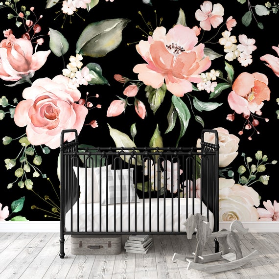 Black Pink Peach Rose Floral Wallpaper / Peel and Stick - Etsy
