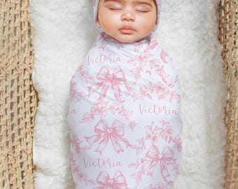 Manta de bebé con lazo floral chinoiserie rosa, mantas, sábanas de cuna, estilo coqueto y elegante, vides barrocas y elegante tela rosa.
