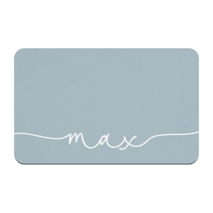 May include: A light blue rectangular doormat with the name "max" written in white cursive script.