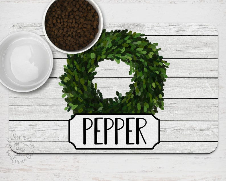 Boxwood Wreath Custom Pet Placemat New Puppy Supplies Personalized Farmhouse Dog Bowl Mat