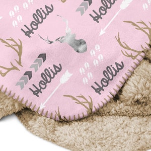 Baby Girl Pink Deer Hunting Antler Blanket with Name, Personalized Sherpa Throw, Arrow Country Buck Monogrammed Plush Crib Bedding