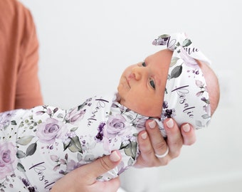 Purple Rose Swaddle Blanket Set, Headband Hat Crib Sheet Nursery Bedding Minky, Baby Girl Lavender Lilac Floral,  Personalized Shower Gift